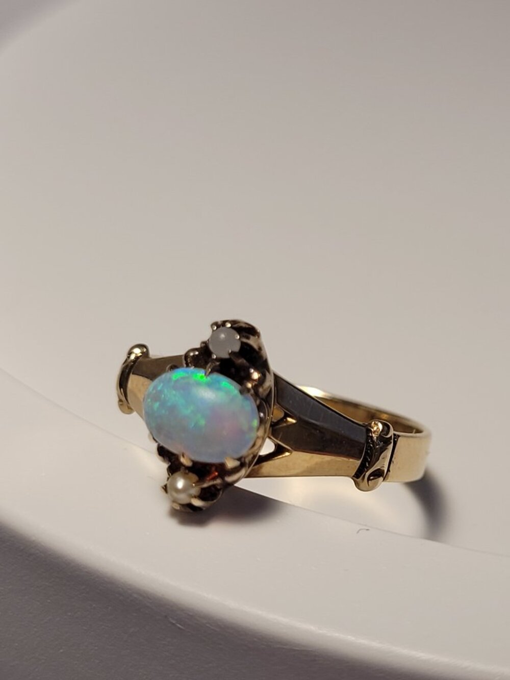Antique Opal 10k Gold Ring Seed Pearls Victorian October Birthstone